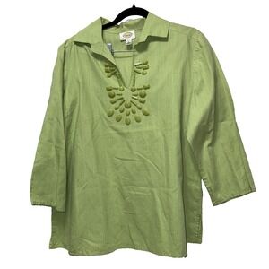 TALBOTS Linen Cotton Blouse L Beaded Tunic  Embellished V-Neck 3/4 Sleeve Green